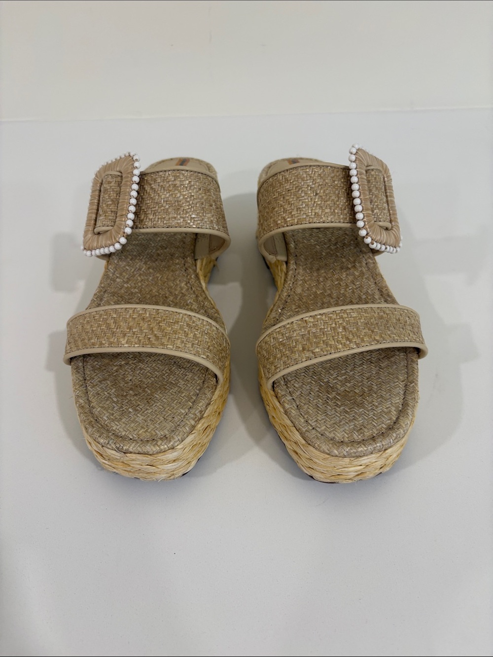 Sam Edelman Natural Raffia Platform Slides with Pearl-Trim Buckle - Picture 2 of 5